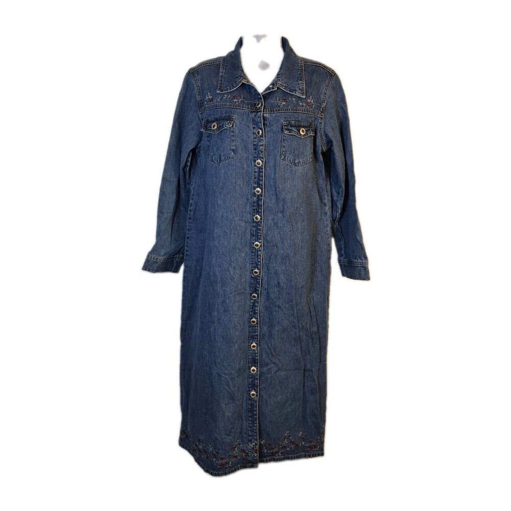 Chelsea Studio Womens Denim Dress Size L Blue 100% Cotton Embroidered Floral